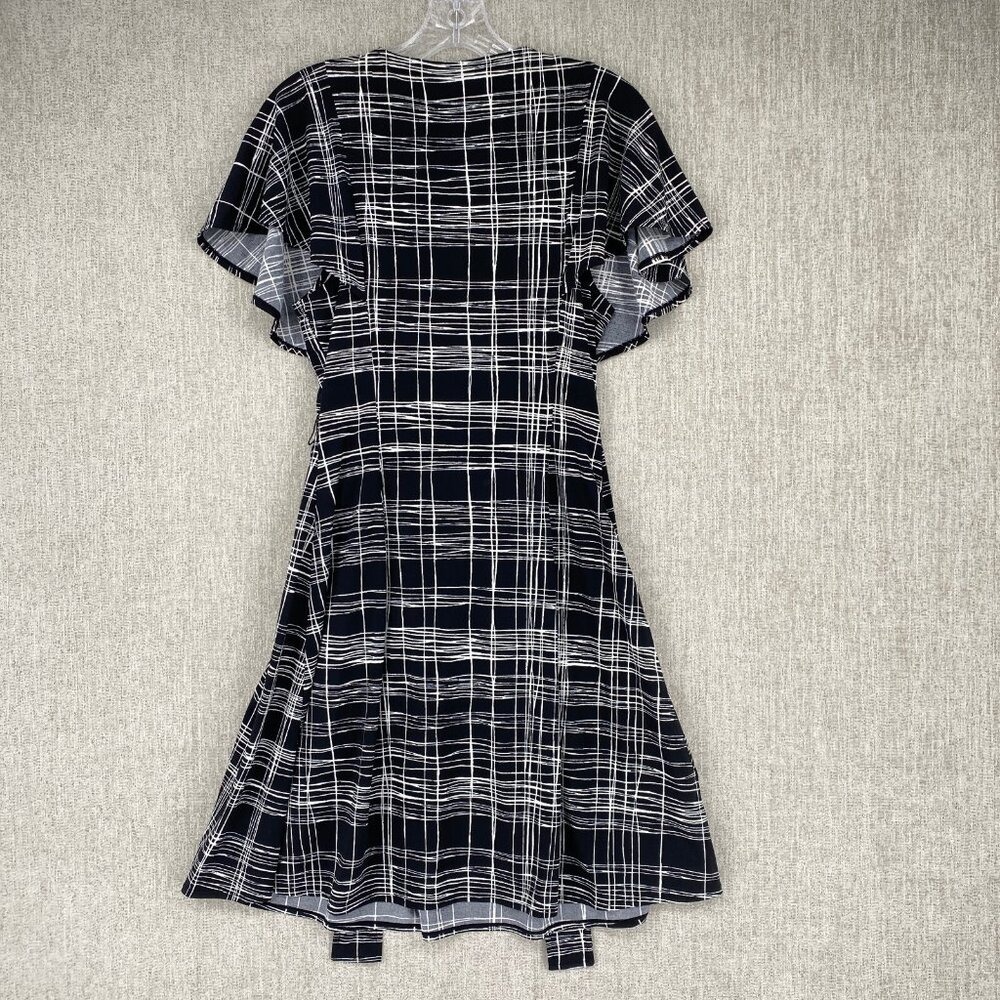 BCBGMAXAZRIA Faux Wrap Dress Women Small Black White Grid Flutter Sleeve